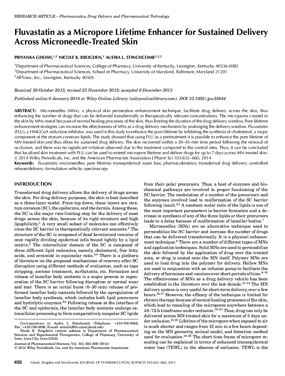 Fluvastatin as a Micropore Lifetime Enhancer for Sustained Delivery Across Microneedle-Treated Skin