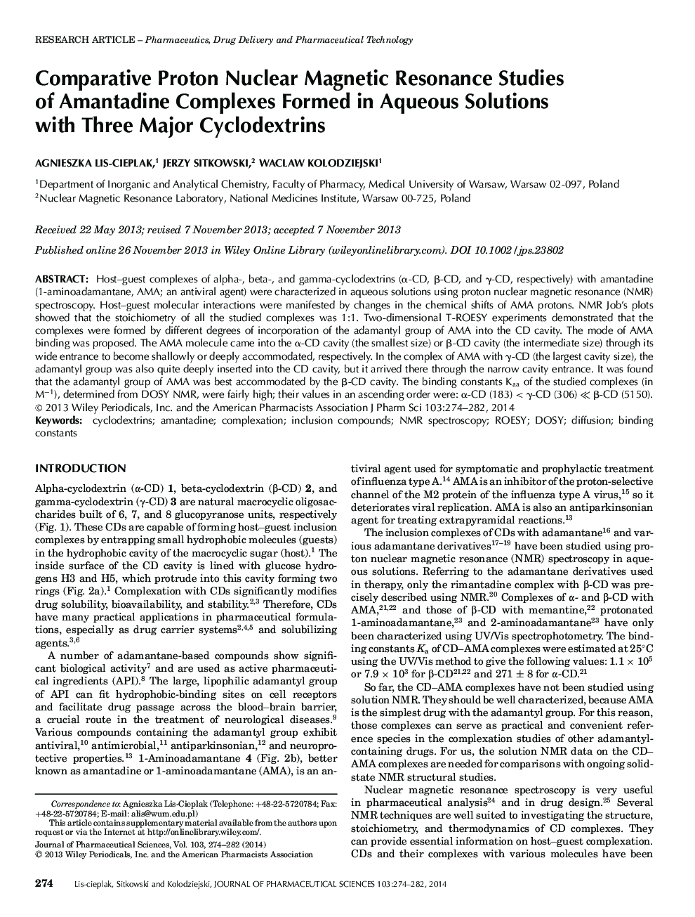 Comparative Proton Nuclear Magnetic Resonance Studies of Amantadine Complexes Formed in Aqueous Solutions with Three Major Cyclodextrins