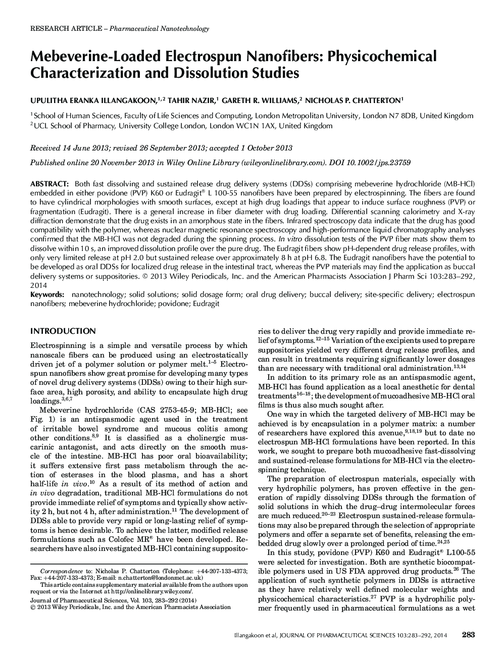 MebeverineâLoaded Electrospun Nanofibers: Physicochemical Characterization and Dissolution Studies