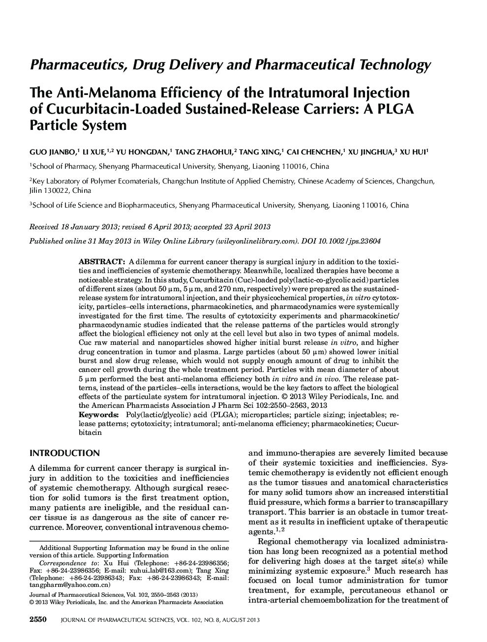 The Anti-Melanoma Efficiency of the Intratumoral Injection of Cucurbitacin-Loaded Sustained-Release Carriers: A PLGA Particle System