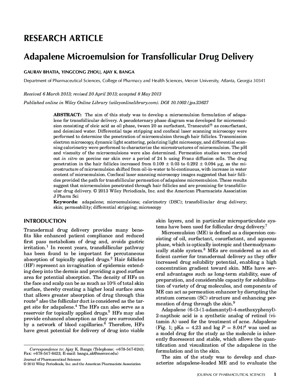 میکرومولسیون آداپالن برای تحویل داروهای ترانسفللیکولار 