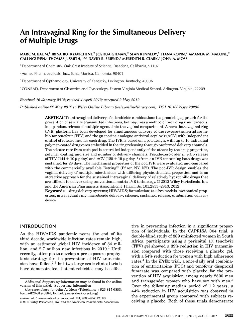 An Intravaginal Ring for the Simultaneous Delivery of Multiple Drugs