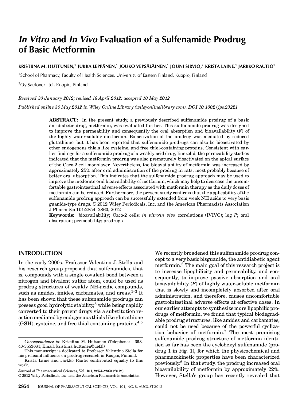 In Vitro and In Vivo Evaluation of a Sulfenamide Prodrug of Basic Metformin