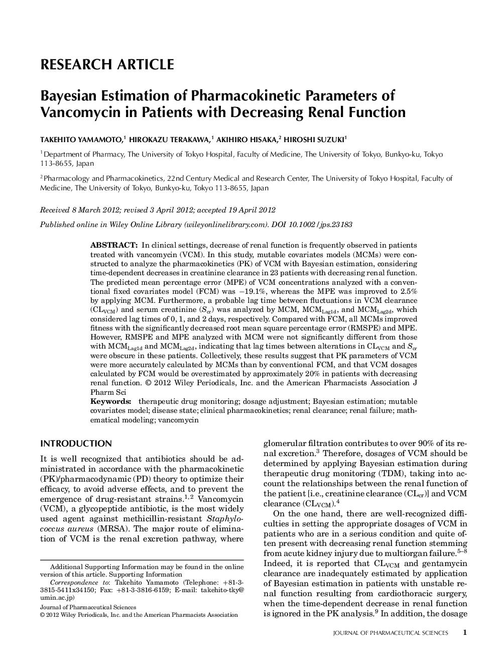 Bayesian estimation of pharmacokinetic parameters of vancomycin in patients with decreasing renal function