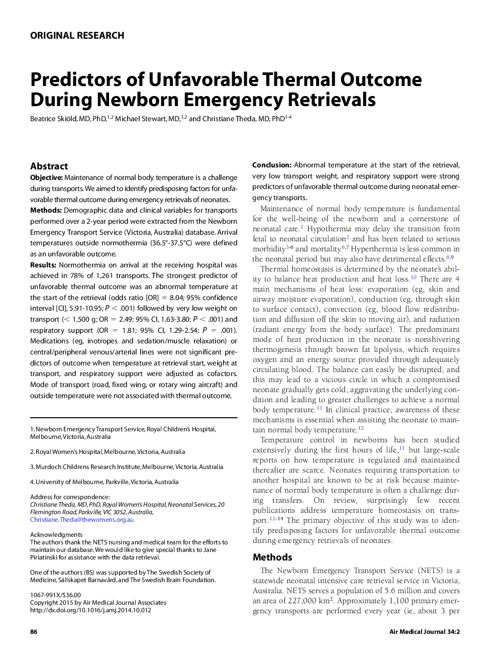 Predictors of Unfavorable Thermal Outcome During Newborn Emergency Retrievals