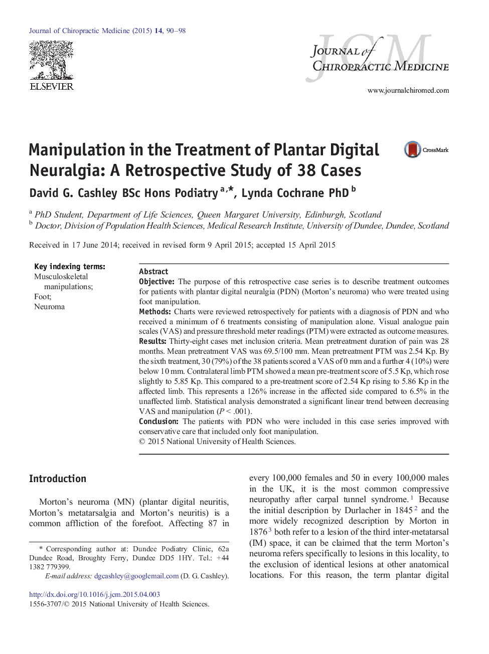 Manipulation in the Treatment of Plantar Digital Neuralgia: A Retrospective Study of 38 Cases