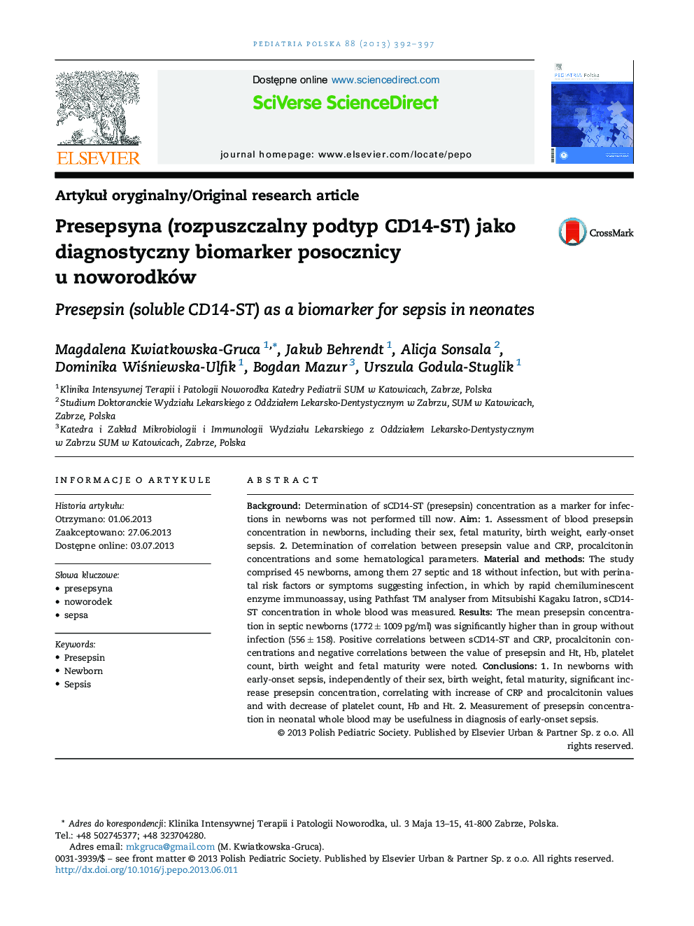 Presepsyna (rozpuszczalny podtyp CD14-ST) jako diagnostyczny biomarker posocznicy u noworodków