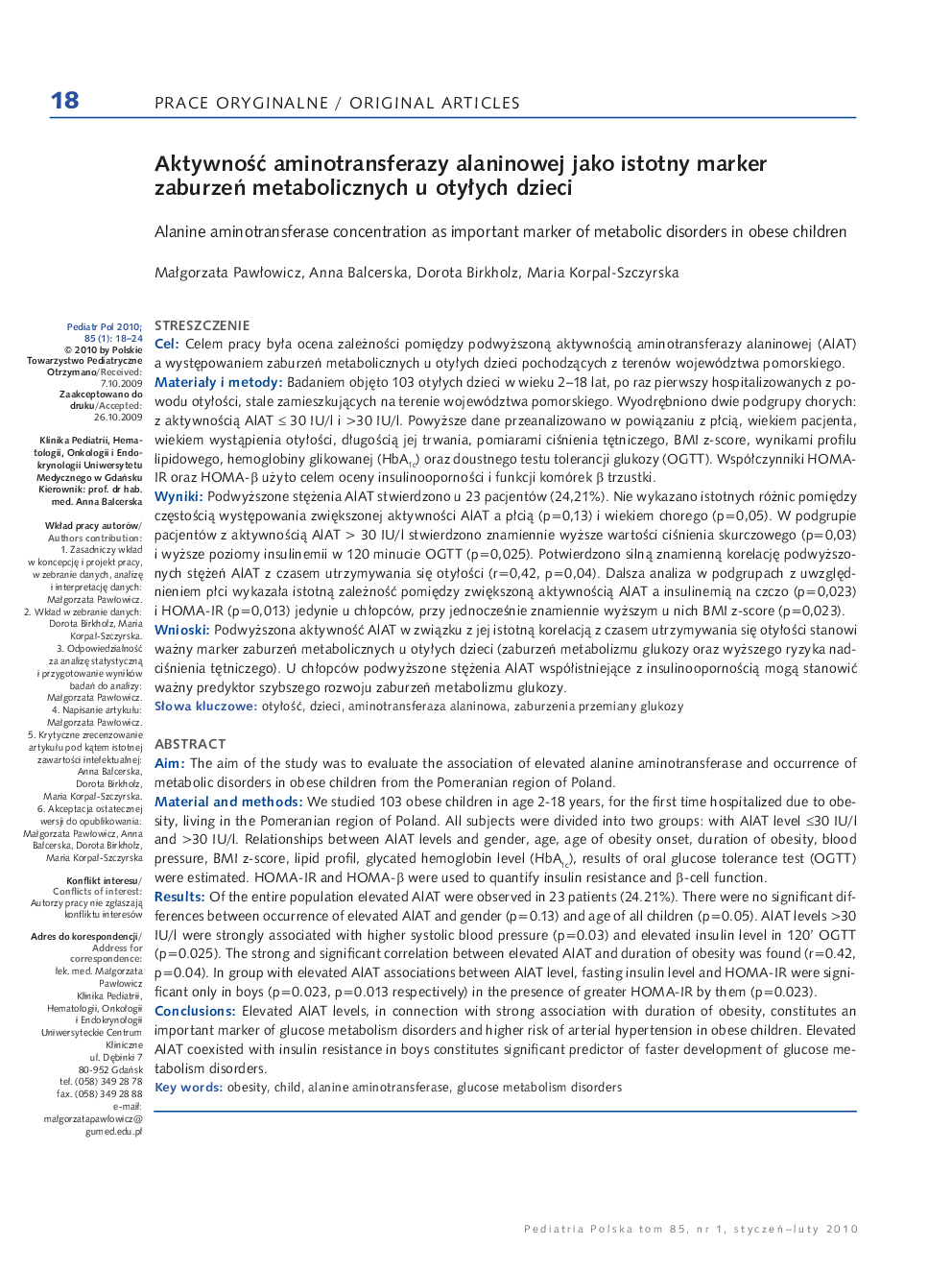 AktywnoÅÄ aminotransferazy alaninowej jako istotny marker zaburzeÅ metabolicznych u otyÅych dzieci