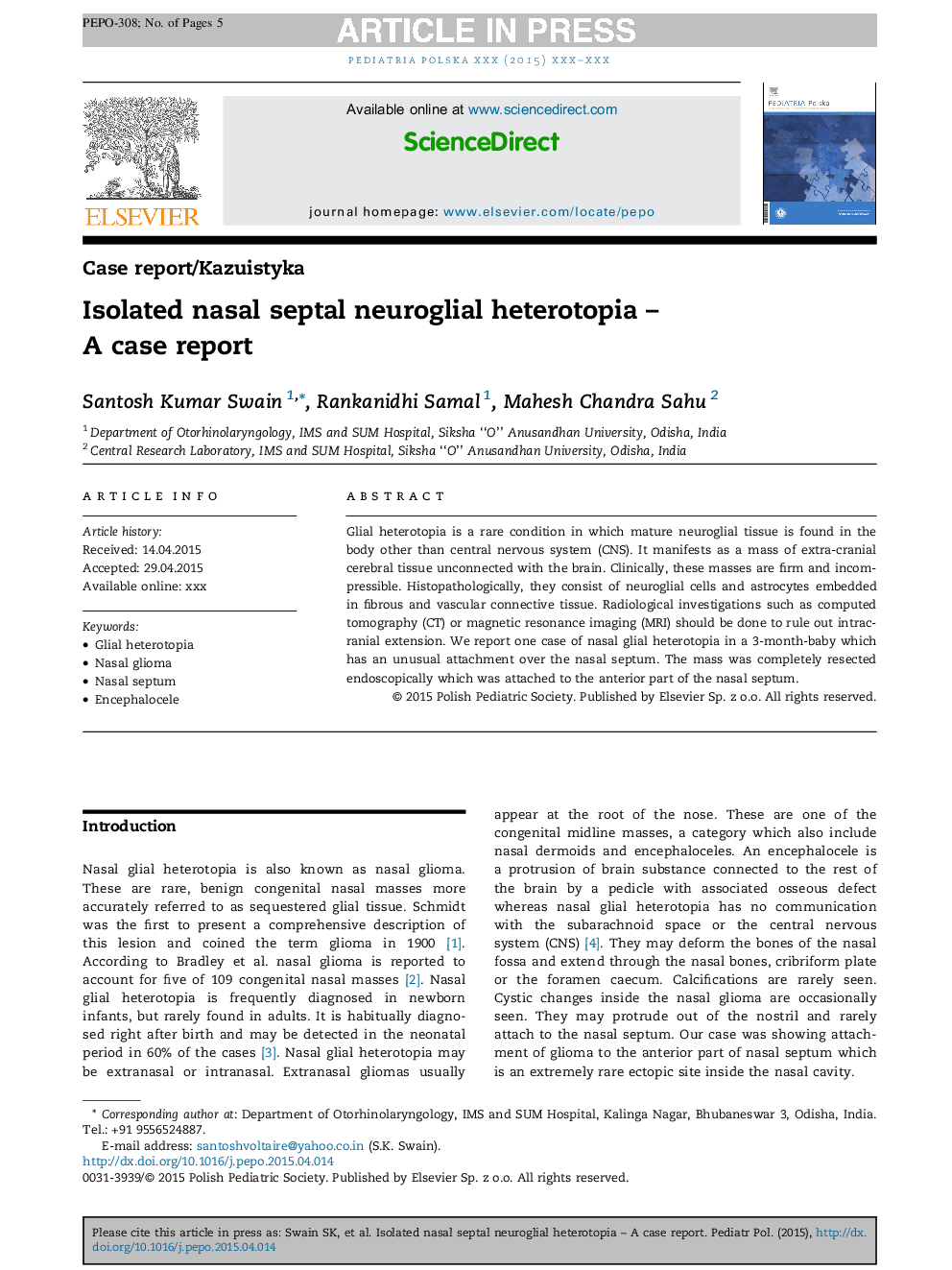 Isolated nasal septal neuroglial heterotopia - A case report