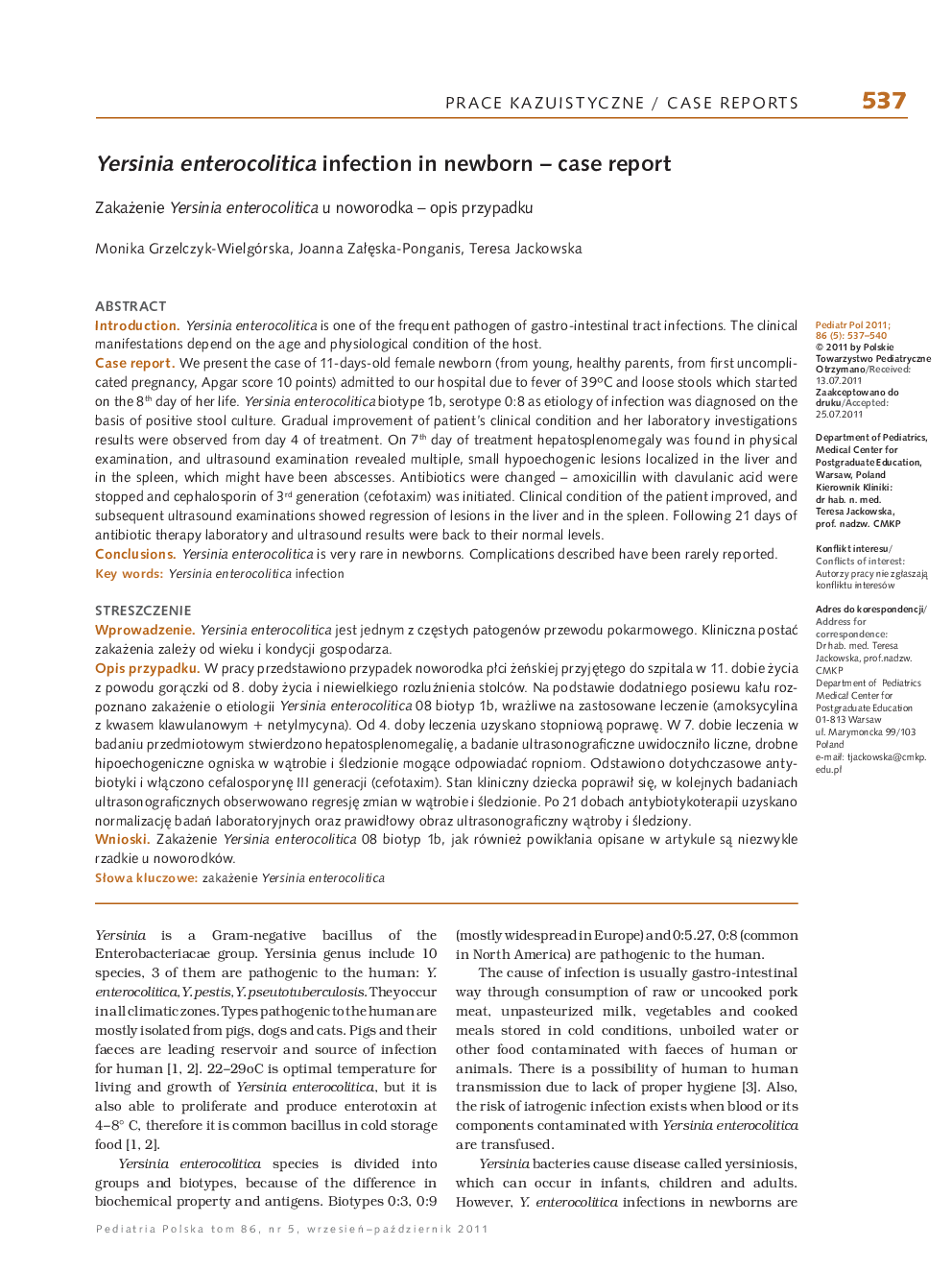 Yersinia enterocolitica infection in newborn - case report