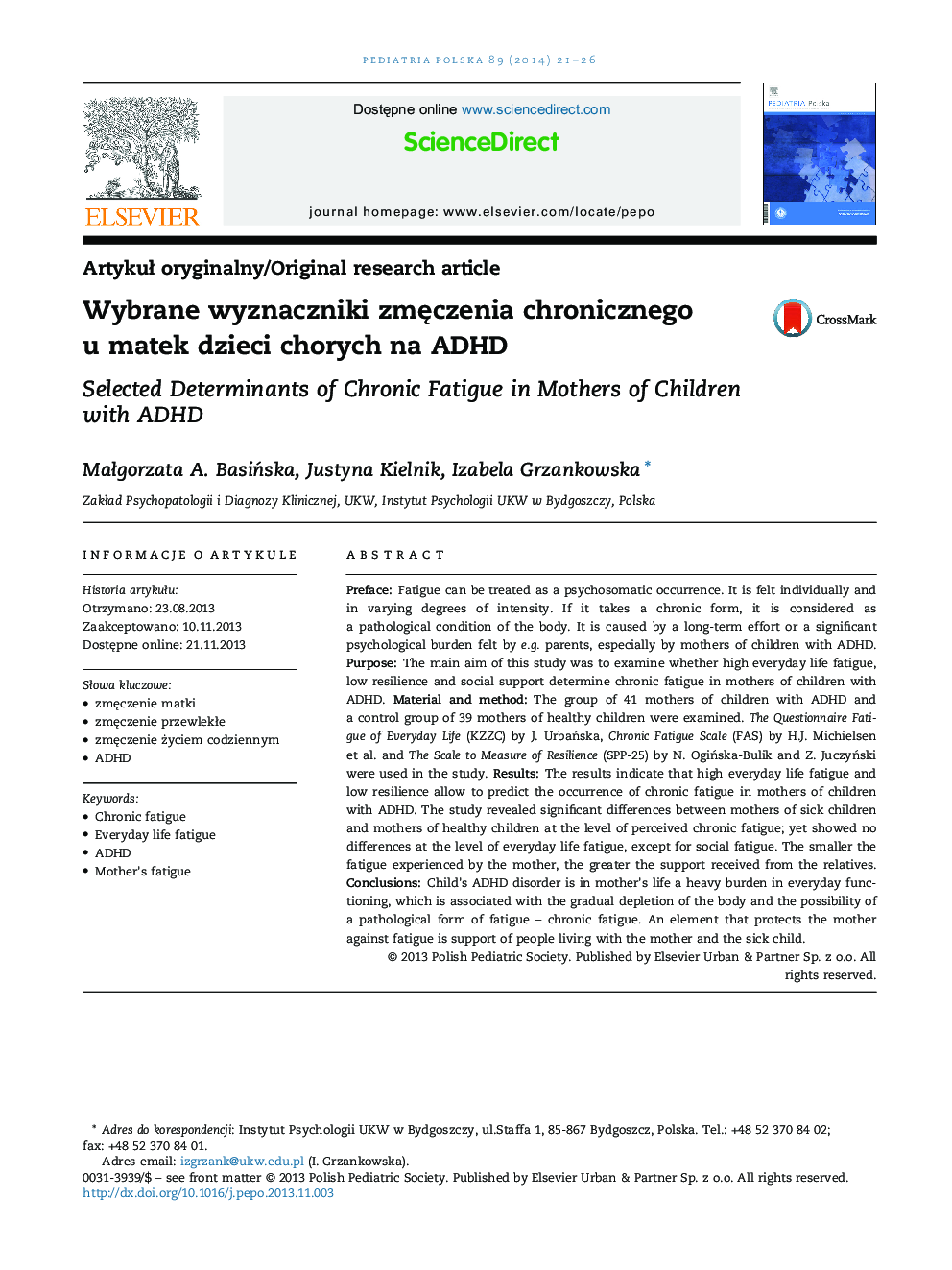 Wybrane wyznaczniki zmÄczenia chronicznego u matek dzieci chorych na ADHD