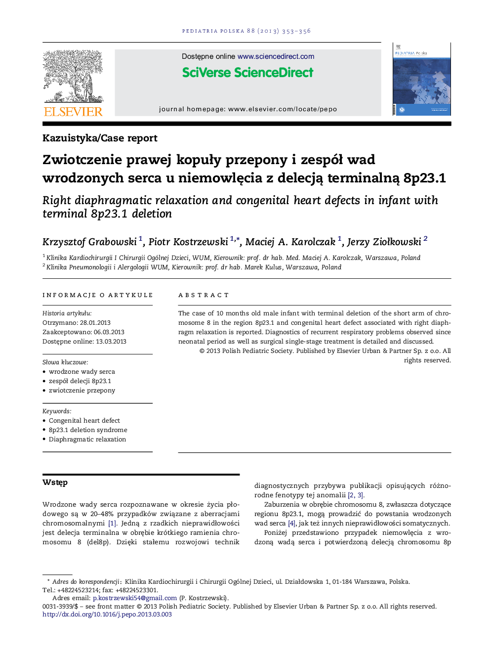 Zwiotczenie prawej kopuÅy przepony i zespóÅ wad wrodzonych serca u niemowlÄcia z delecjÄ terminalnÄ 8p23.1