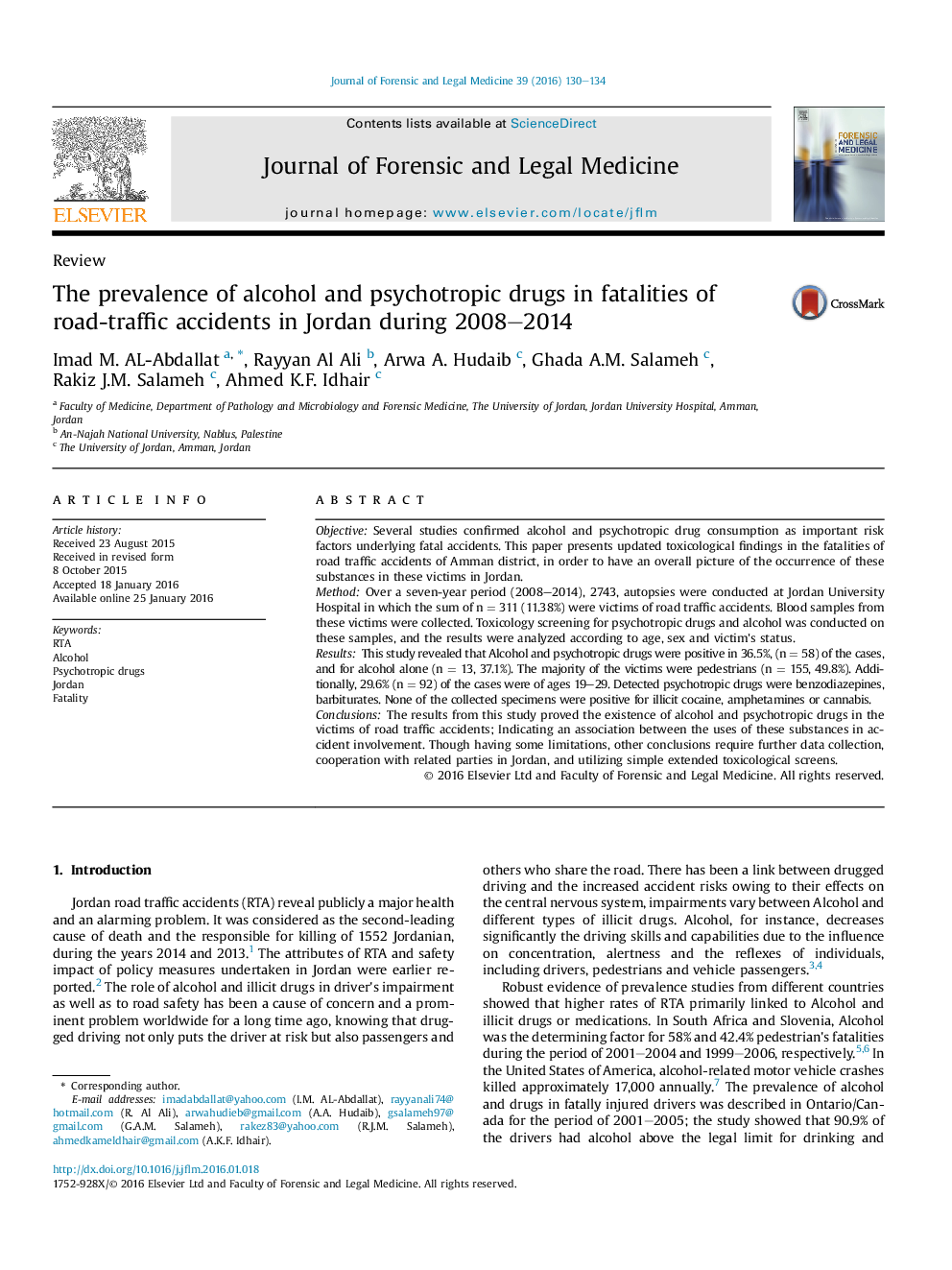 The prevalence of alcohol and psychotropic drugs in fatalities of road-traffic accidents in Jordan during 2008–2014