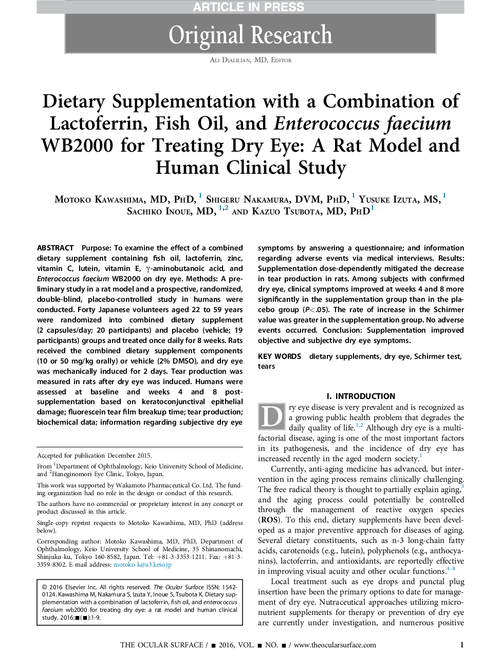 Dietary Supplementation with a Combination of Lactoferrin, Fish Oil, and Enterococcus faecium WB2000 for Treating Dry Eye: A Rat Model and Human Clinical Study