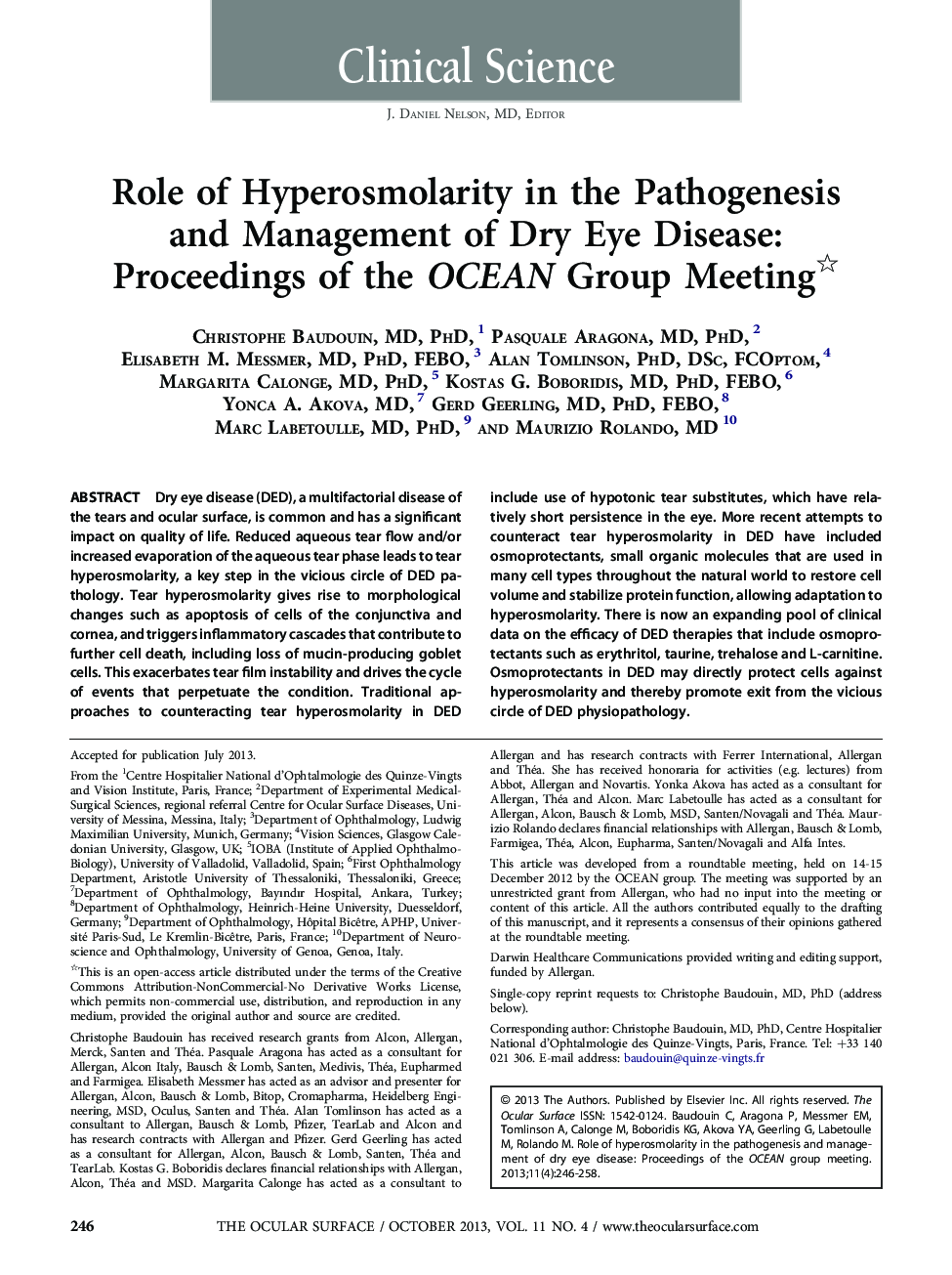Role of Hyperosmolarity in the Pathogenesis and Management of Dry Eye Disease: Proceedings of the OCEAN Group Meeting