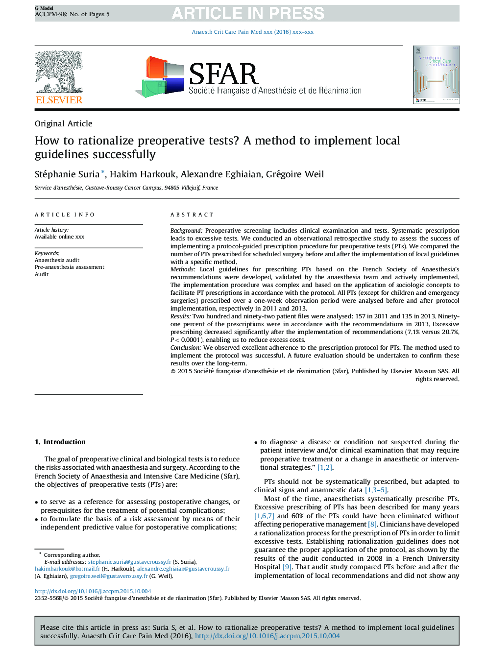 How to rationalize preoperative tests? A method to implement local guidelines successfully