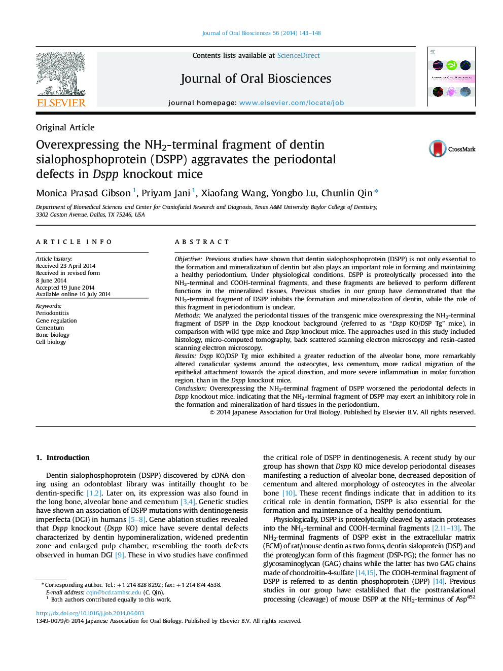 Overexpressing the NH2-terminal fragment of dentin sialophosphoprotein (DSPP) aggravates the periodontal defects in Dspp knockout mice