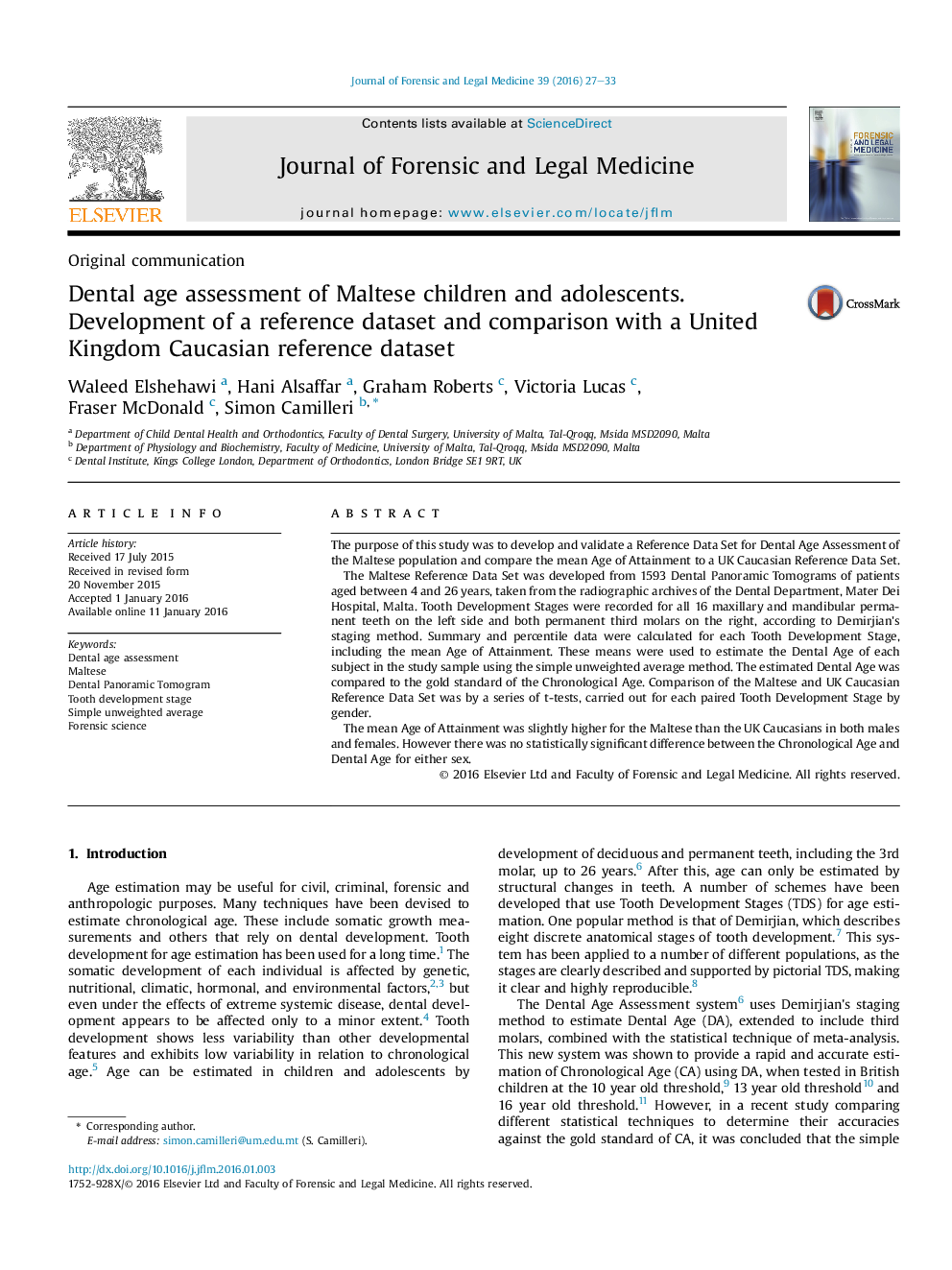 Dental age assessment of Maltese children and adolescents. Development of a reference dataset and comparison with a United Kingdom Caucasian reference dataset