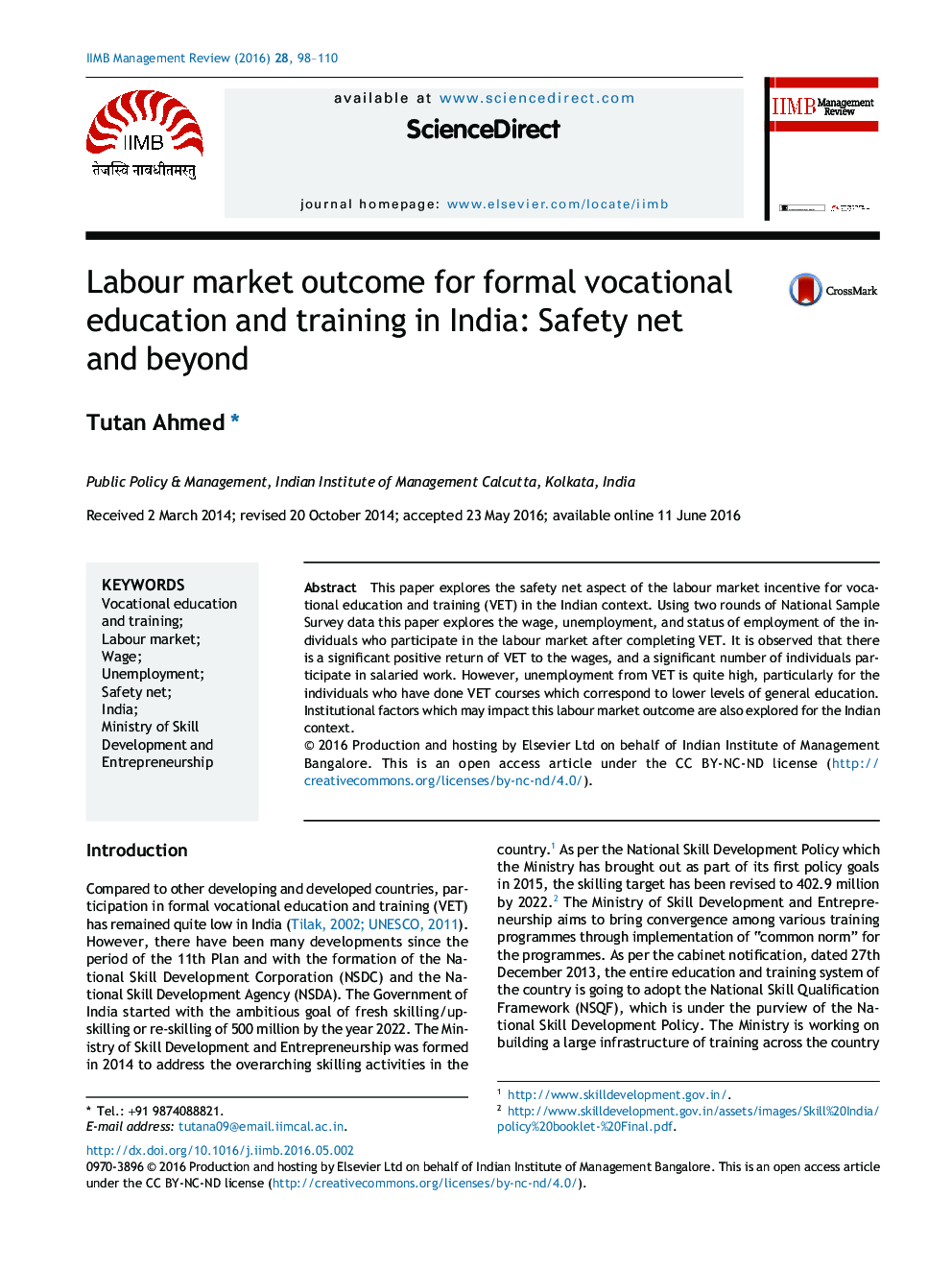 Labour market outcome for formal vocational education and training in India: Safety net and beyond