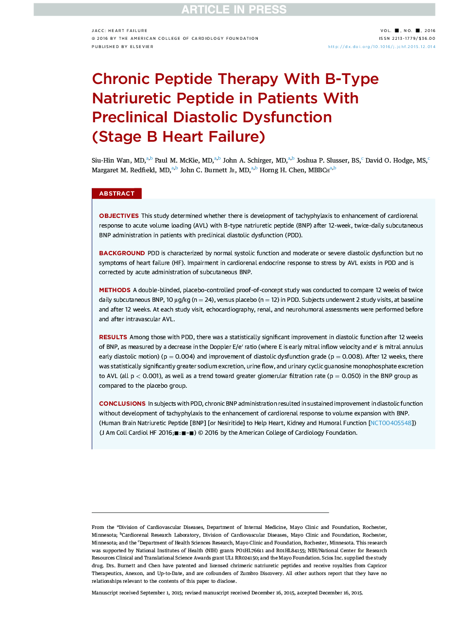 Chronic Peptide Therapy With B-Type Natriuretic Peptide in Patients With Pre-Clinical Diastolic Dysfunction (StageÂ BÂ Heart Failure)