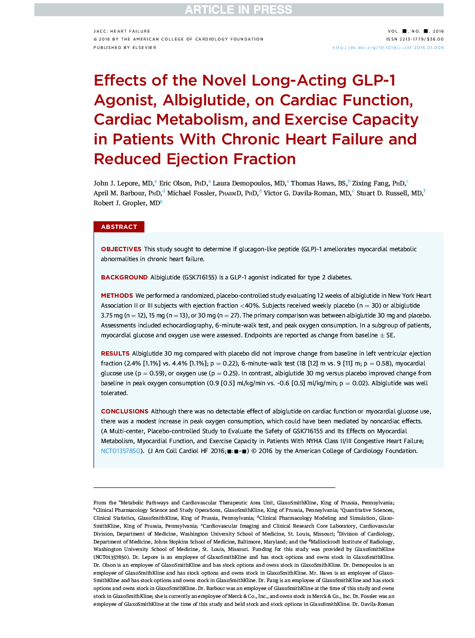 Effects of the Novel Long-Acting GLP-1 Agonist, Albiglutide, on Cardiac Function, Cardiac Metabolism, and Exercise Capacity in Patients With Chronic Heart Failure and Reduced Ejection Fraction