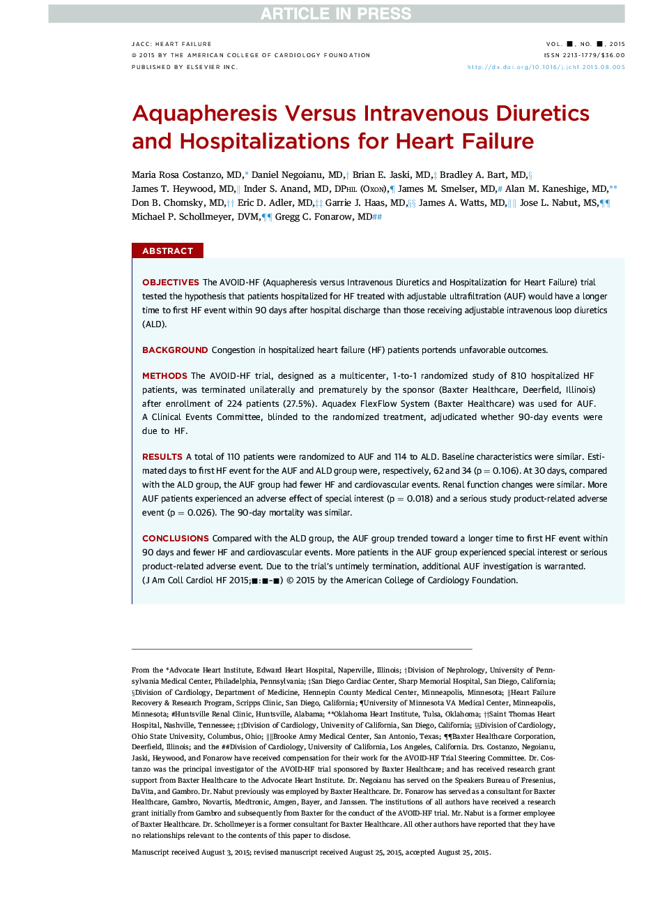 Aquapheresis Versus Intravenous Diuretics and Hospitalizations for Heart Failure