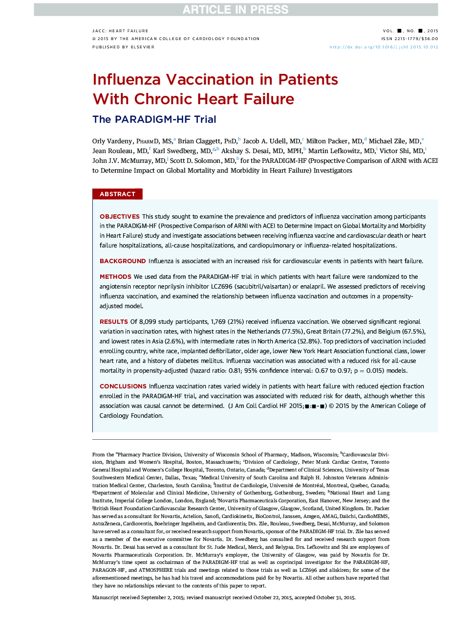 Influenza Vaccination in Patients WithÂ Chronic Heart Failure