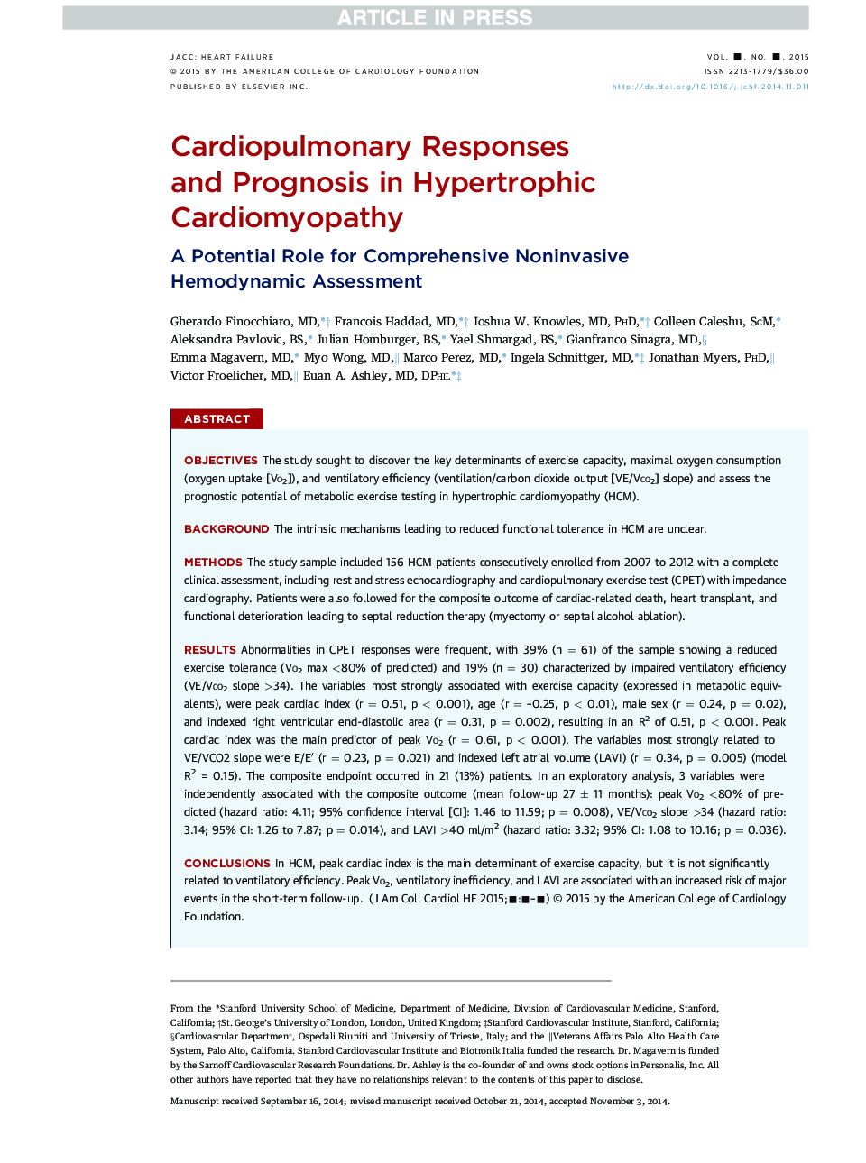Cardiopulmonary Responses and Prognosis in Hypertrophic Cardiomyopathy