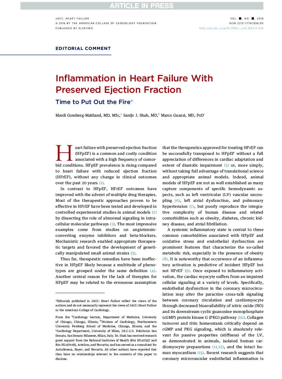 Inflammation in Heart Failure With Preserved Ejection Fraction