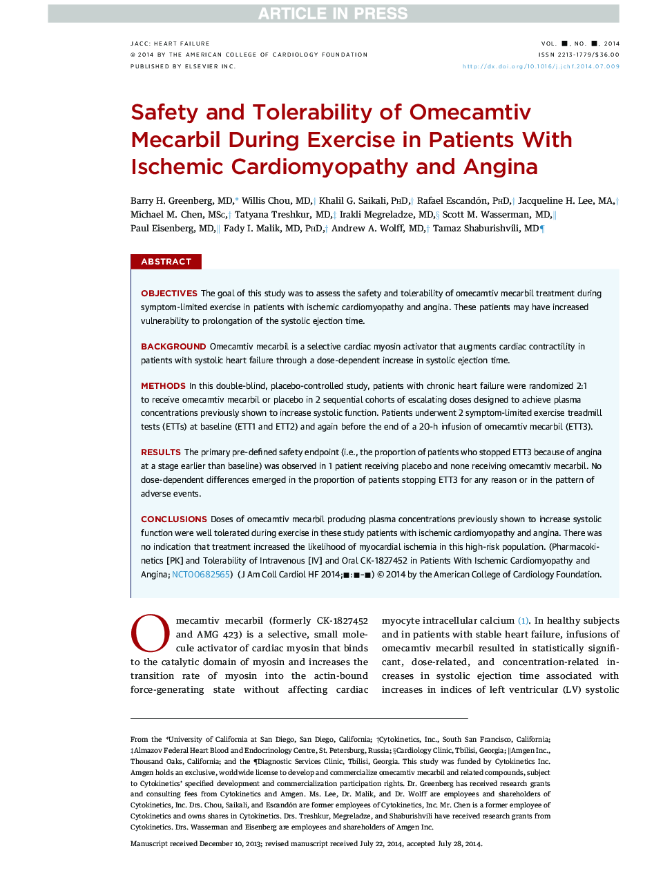 Safety and Tolerability of Omecamtiv Mecarbil During Exercise in Patients With IschemicÂ Cardiomyopathy and Angina