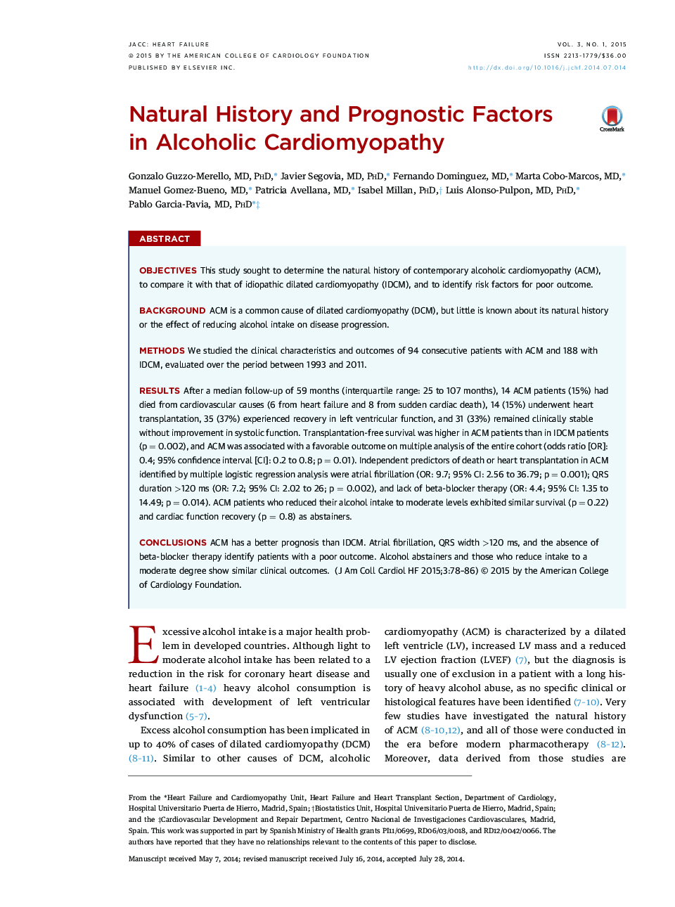 Natural History and Prognostic Factors in Alcoholic Cardiomyopathy