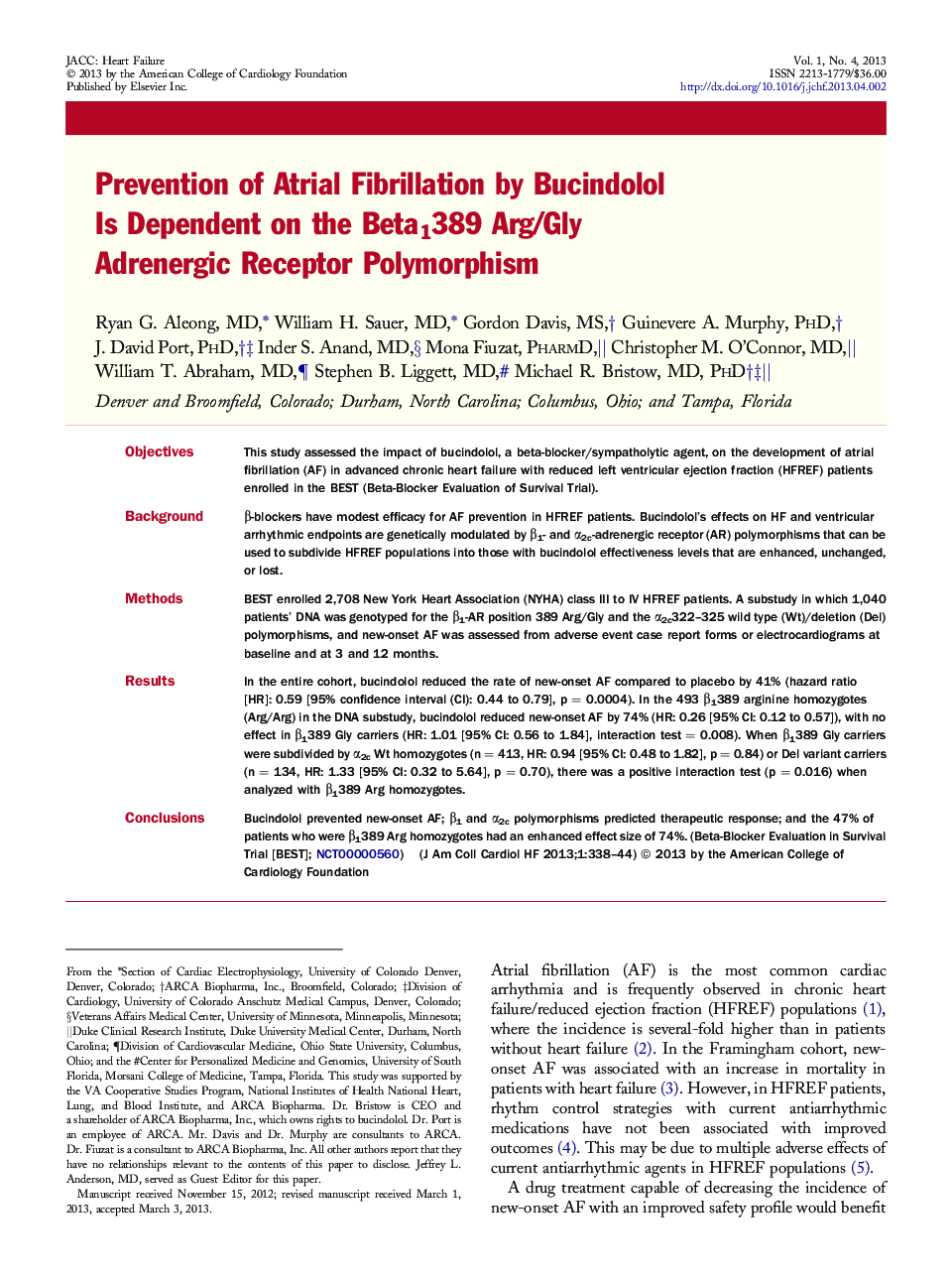 Prevention of Atrial Fibrillation by Bucindolol Is Dependent on the Beta1389 Arg/Gly Adrenergic Receptor Polymorphism