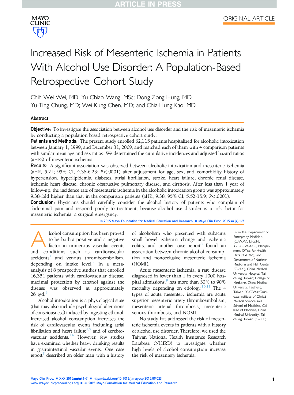 Increased Risk of Mesenteric Ischemia in Patients With Alcohol Use Disorder