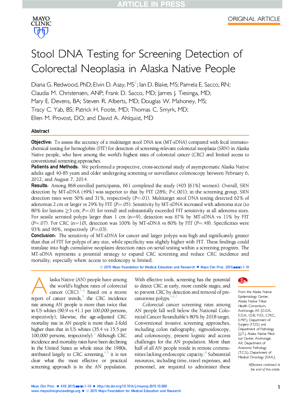 Stool DNA Testing for Screening Detection of Colorectal Neoplasia in Alaska Native People