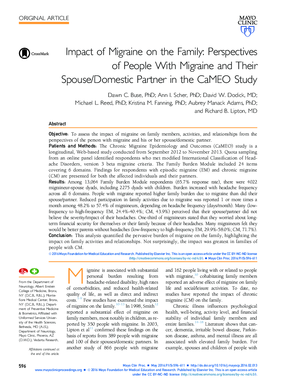 Impact of Migraine on the Family: Perspectives of People With Migraine and Their Spouse/Domestic Partner in the CaMEO Study