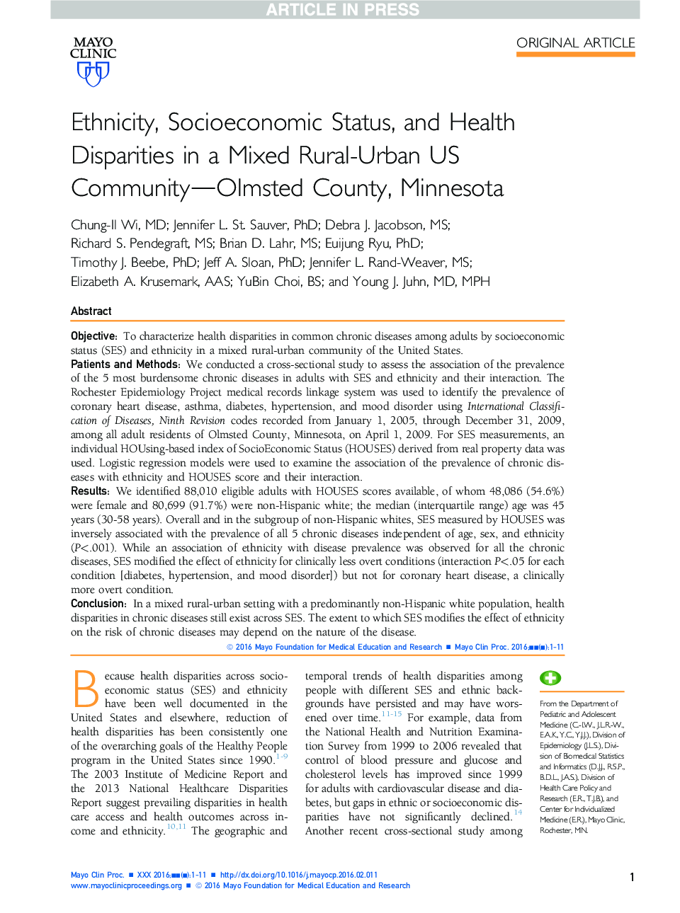 Ethnicity, Socioeconomic Status, and Health Disparities in a Mixed Rural-Urban US Community-Olmsted County, Minnesota