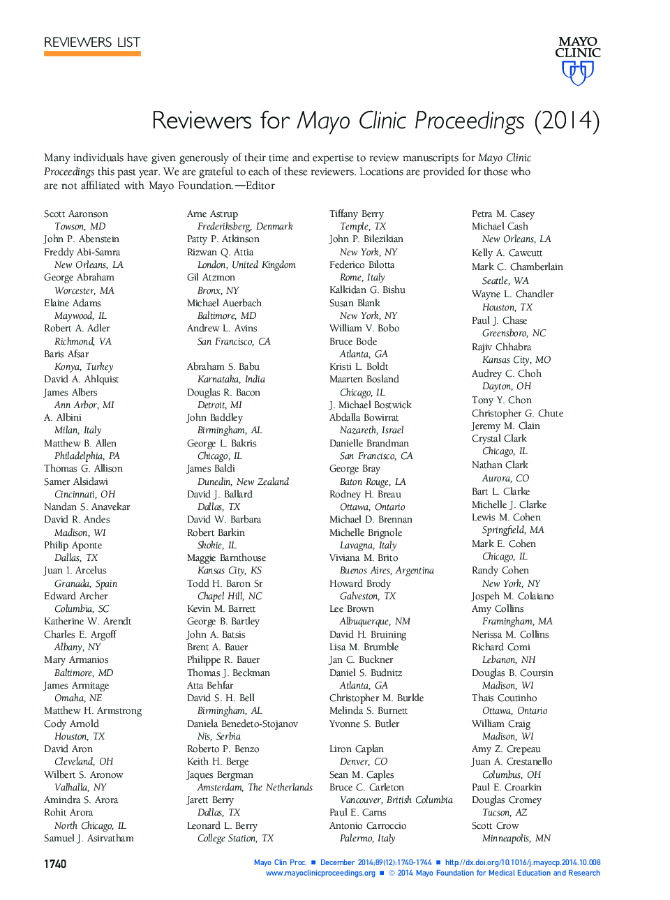 عکس صفحه اول مقاله: Reviewers for Mayo Clinic Proceedings (2014) Reviewers for Mayo Clinic Proceedings (2014)