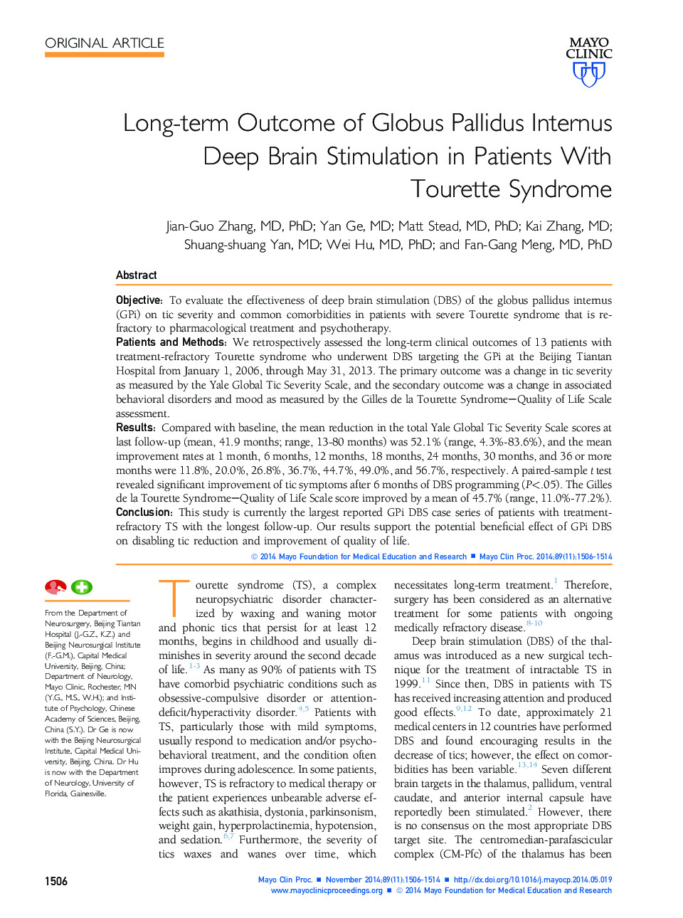 Long-term Outcome of Globus Pallidus Internus Deep Brain Stimulation in Patients With Tourette Syndrome