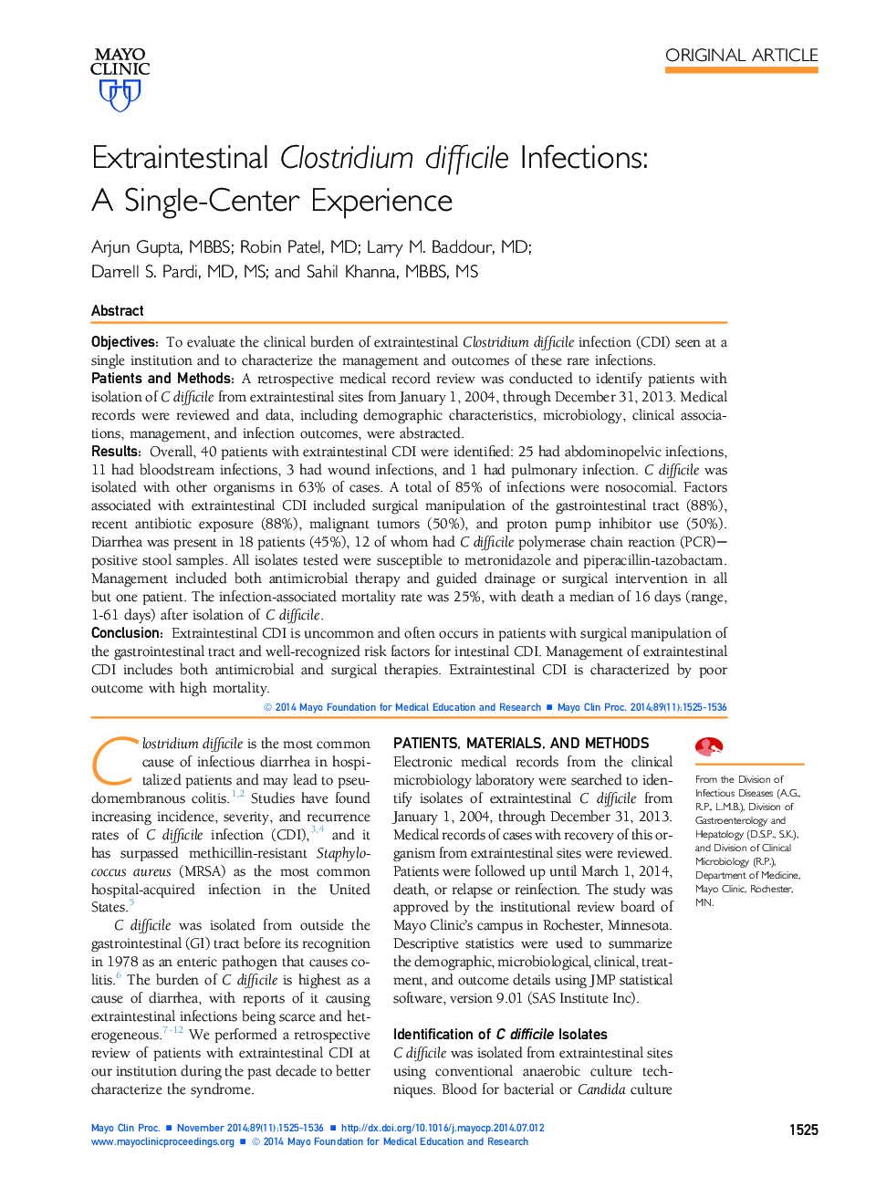 Extraintestinal Clostridium difficile Infections: A Single-Center Experience