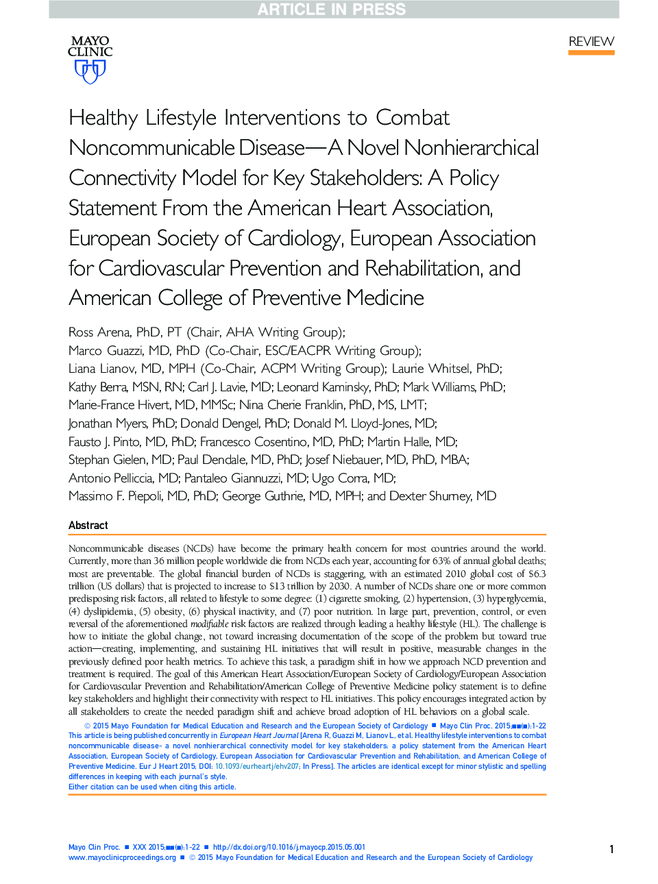 Healthy Lifestyle Interventions to Combat Noncommunicable Disease-A Novel Nonhierarchical Connectivity Model for Key Stakeholders: A Policy Statement From the American Heart Association, European Society of Cardiology, European Association for Cardiovascu