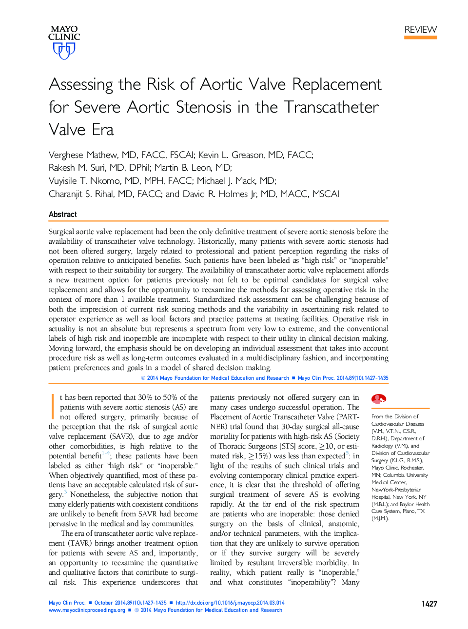 Assessing the Risk of Aortic Valve Replacement for Severe Aortic Stenosis in the Transcatheter Valve Era