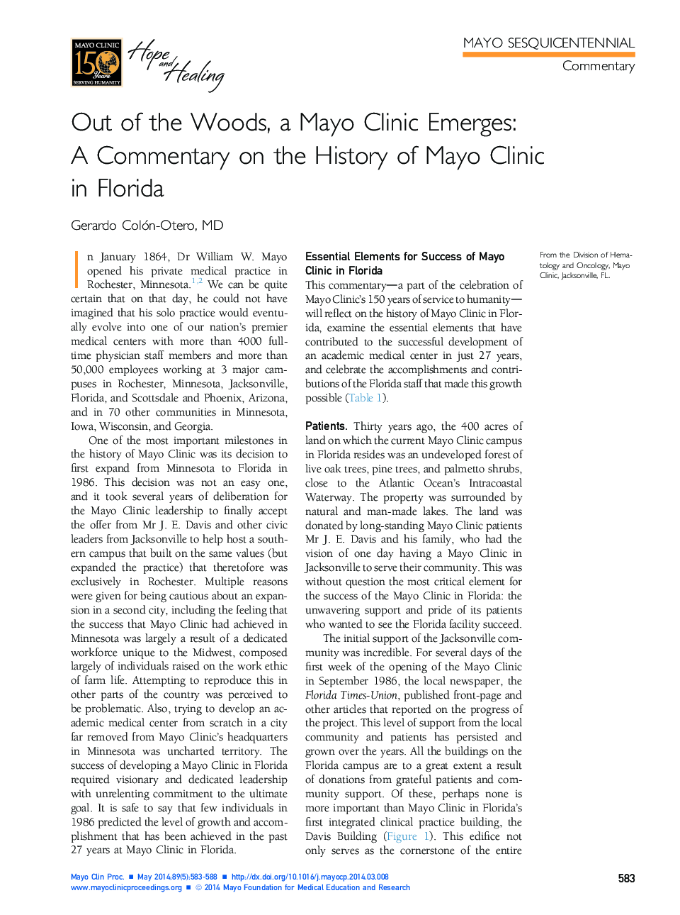 عکس صفحه اول مقاله: Out of the Woods, a Mayo Clinic Emerges: A Commentary on the History of Mayo Clinic in Florida Out of the Woods, a Mayo Clinic Emerges: A Commentary on the History of Mayo Clinic in Florida