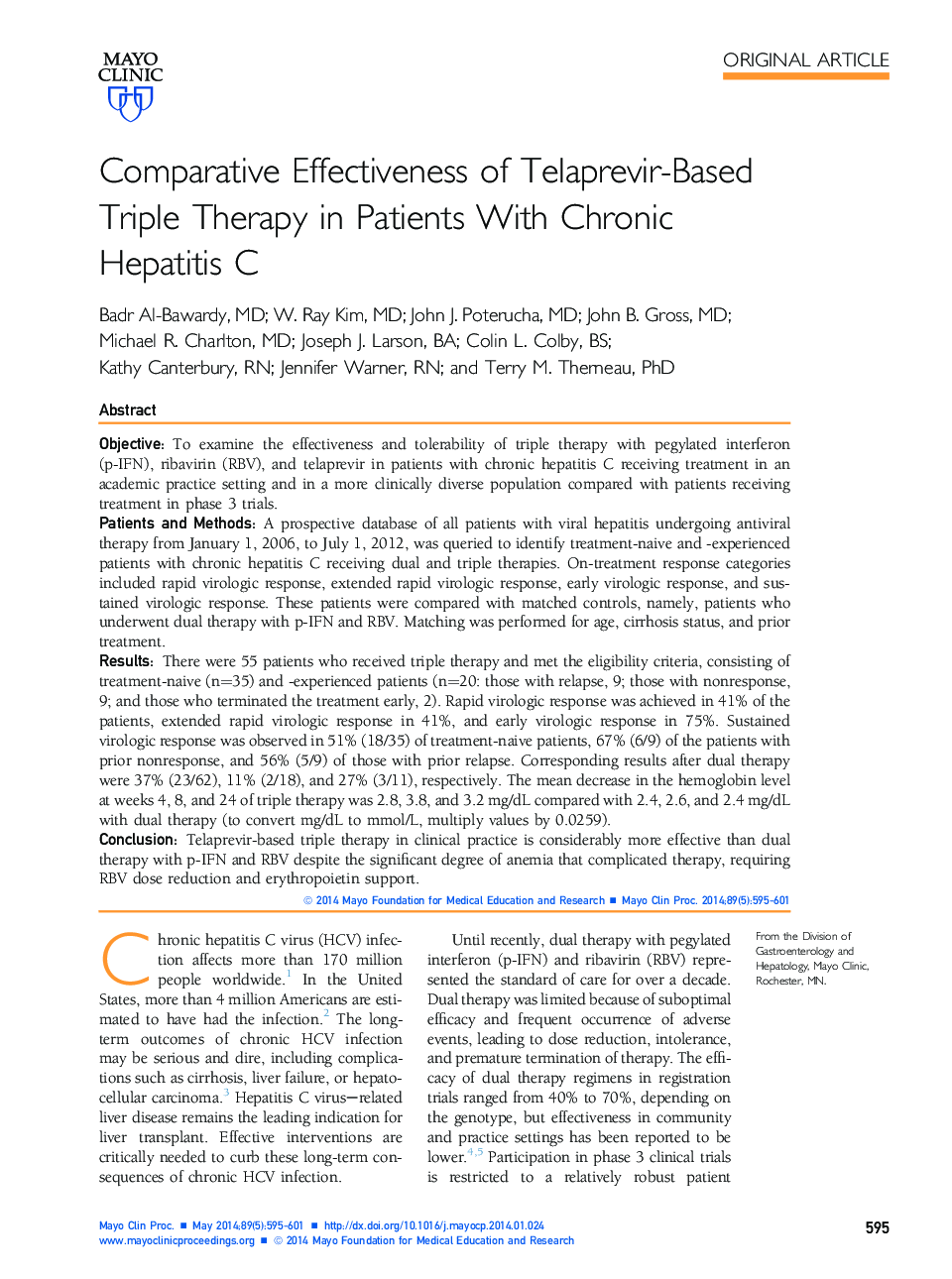 Comparative Effectiveness of Telaprevir-Based Triple Therapy in Patients With Chronic Hepatitis C