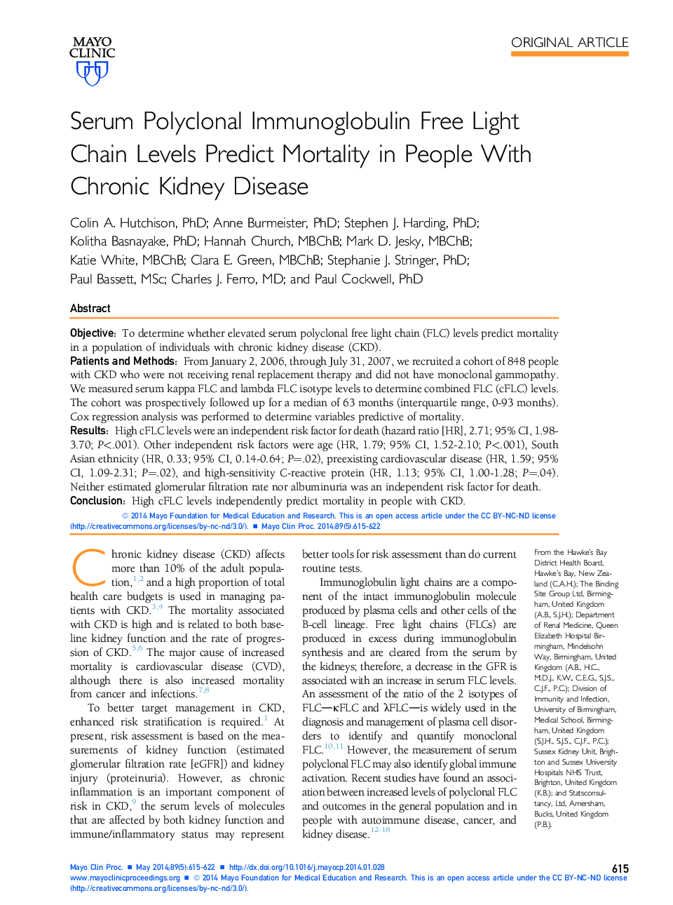 Serum Polyclonal Immunoglobulin Free Light Chain Levels Predict Mortality in People With Chronic Kidney Disease