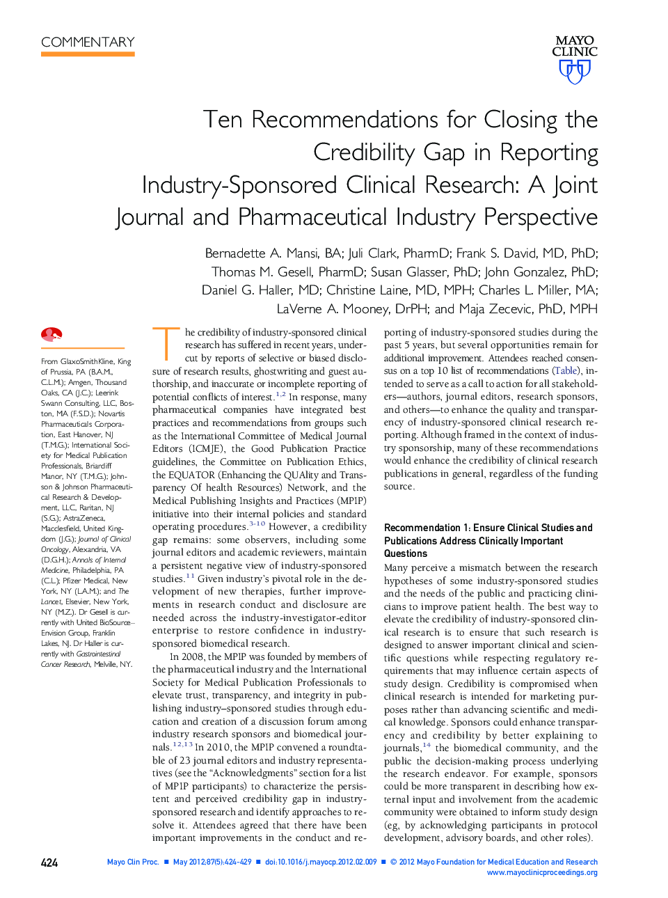 Ten Recommendations for Closing the Credibility Gap in Reporting Industry-Sponsored Clinical Research: A Joint Journal and Pharmaceutical Industry Perspective