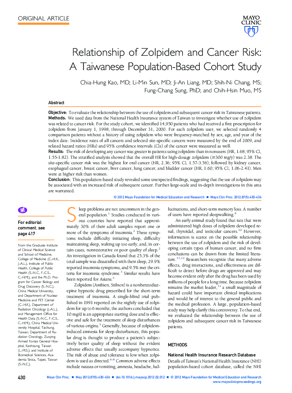 Relationship of Zolpidem and Cancer Risk: A Taiwanese Population-Based Cohort Study