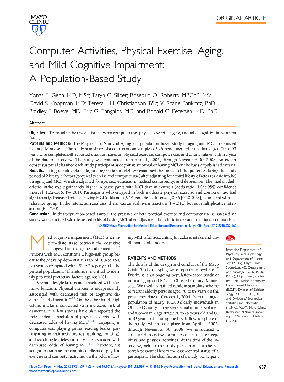 Computer Activities, Physical Exercise, Aging, and Mild Cognitive Impairment: A Population-Based Study