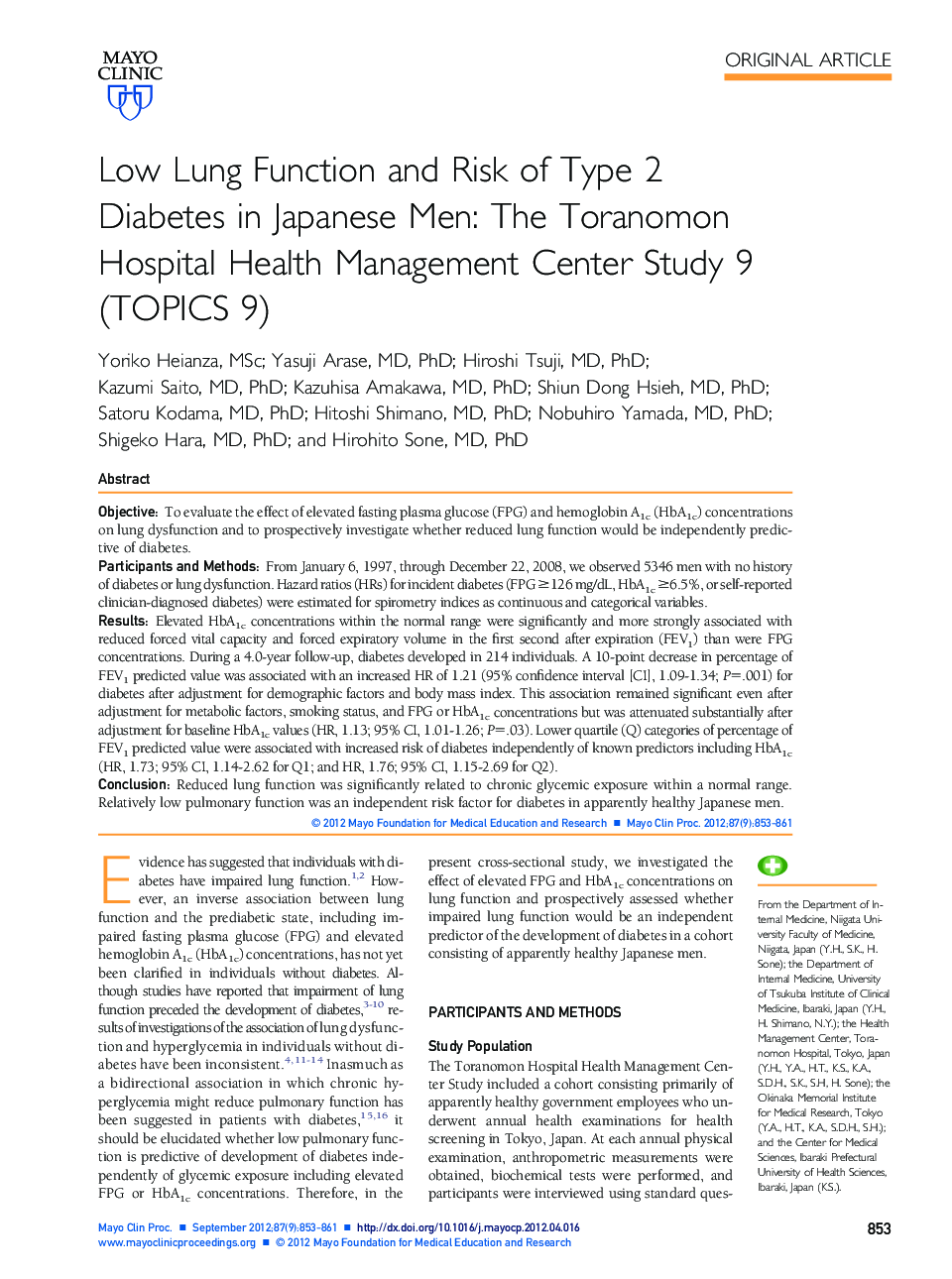 Low Lung Function and Risk of Type 2 Diabetes in Japanese Men: The Toranomon Hospital Health Management Center Study 9 (TOPICS 9)