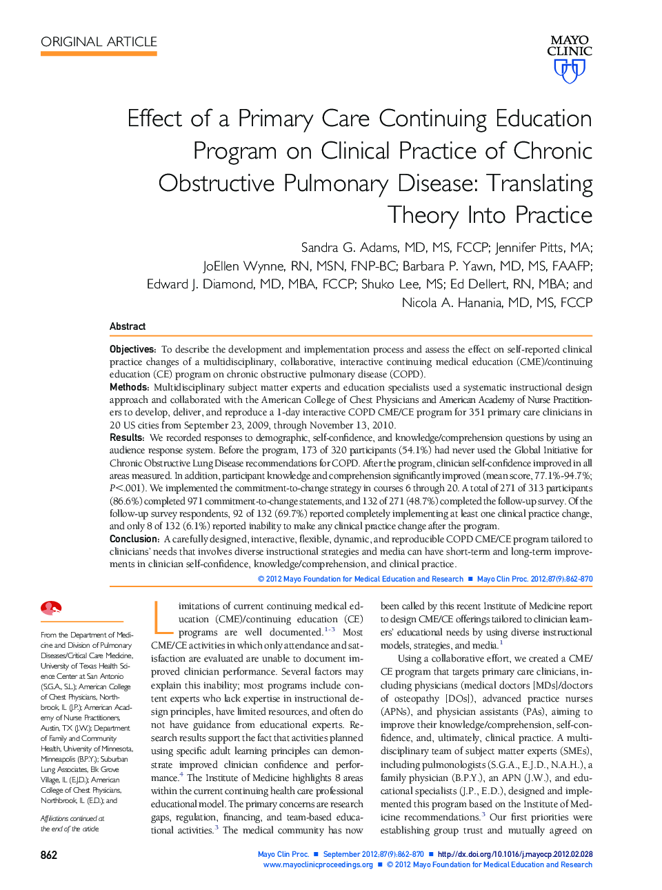 Effect of a Primary Care Continuing Education Program on Clinical Practice of Chronic Obstructive Pulmonary Disease: Translating Theory Into Practice