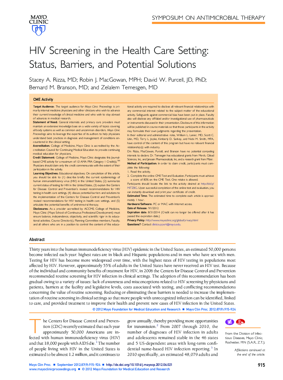 HIV Screening in the Health Care Setting: Status, Barriers, and Potential Solutions